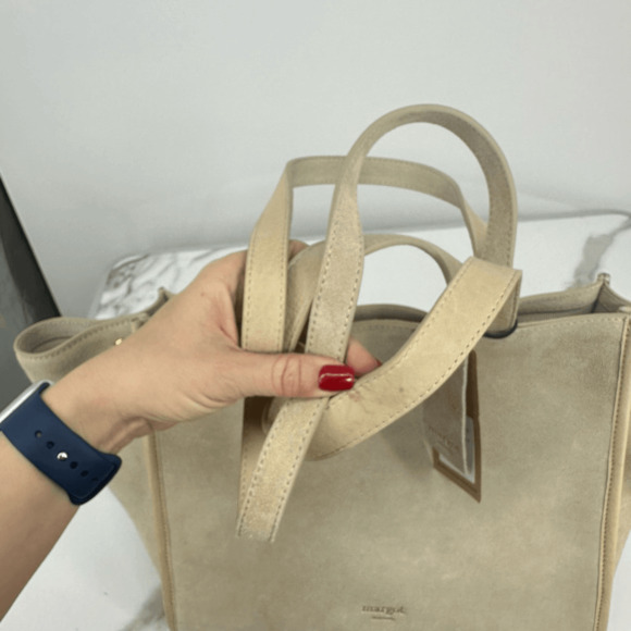 Margot Jamee Double Strapped Suede Tote Bag with Pouch Cream Minimalist - Picture 12 of 14